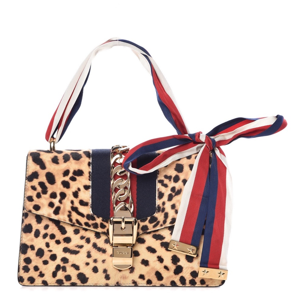 GUCCI Calf Hair Leopard Print Small Sylvie Shoulder Bag Naturale Black
